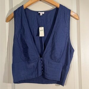 NWT Aerie Navy Blue DEEP V-Neck Buttoned Crop Top Size Medium